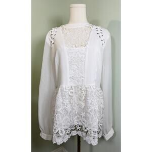Venus Women's White Crocheted and String Long-Sleeve Blouse, Size 14